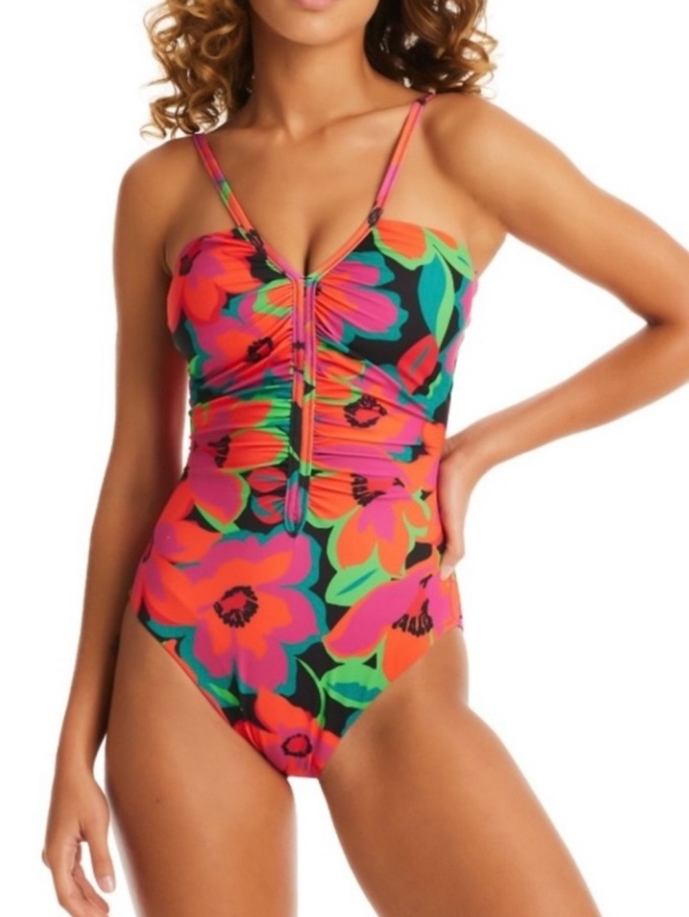 Sanctuary Tropical Leaf One-Piece Swimsuit — Pink, Olive & Yellow